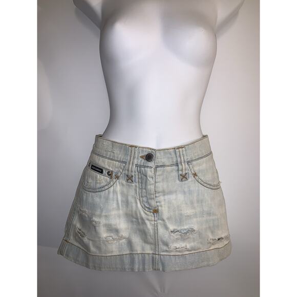 Dolce Gabbana D&G vintage 2000s distressed blue denim micro mini skirt size 38 - Picture 2 of 11